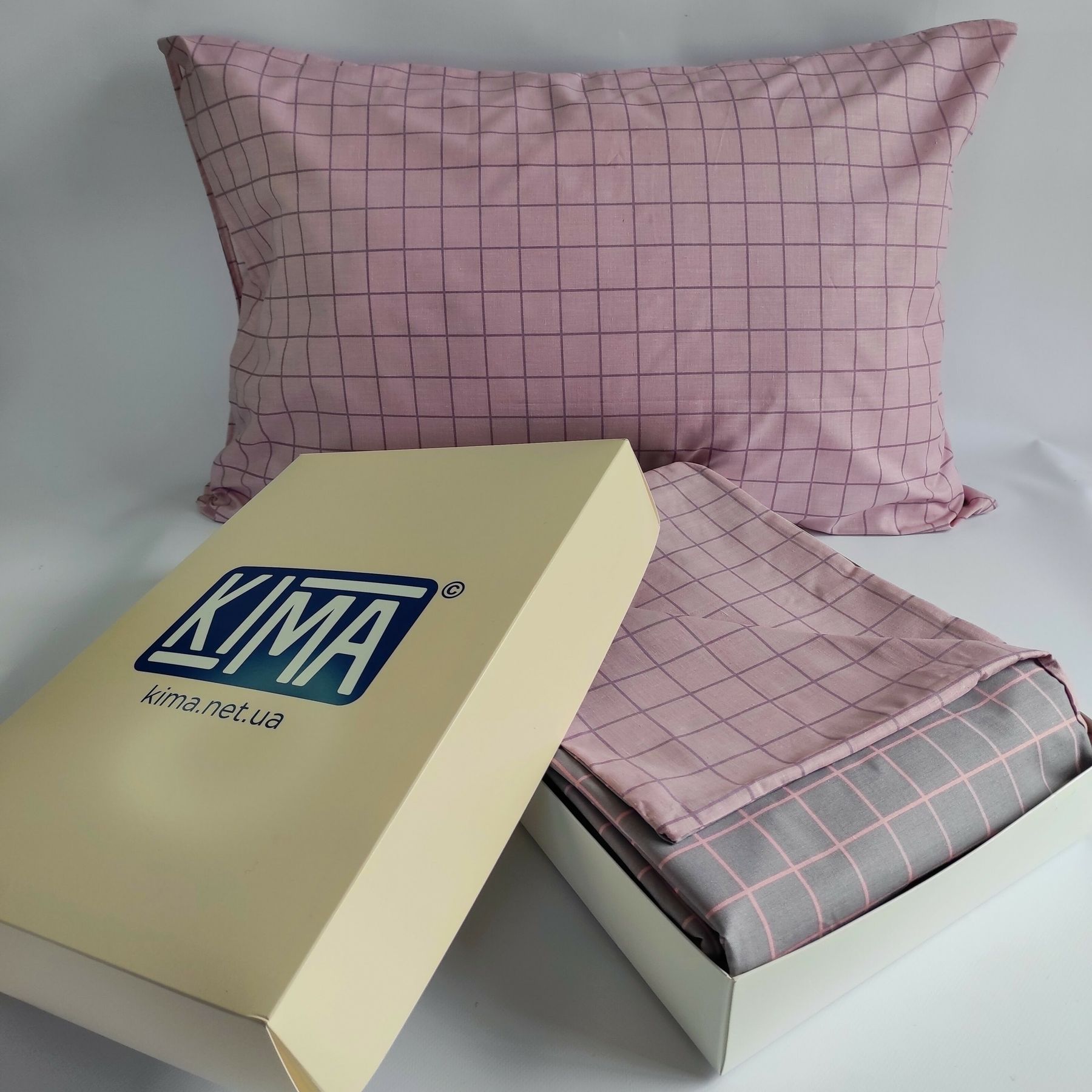 Постільна білизна двоспальна - Бязь Gold Lux - КІМА - Рожево-сіра клітинка 1040-11 фото